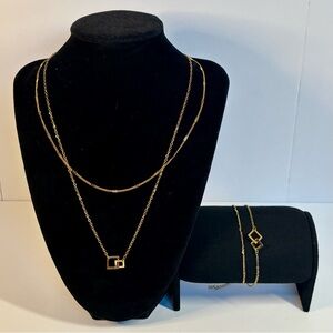 Yellow gold-plated stainless steel layered bracelet necklace and bracelet set